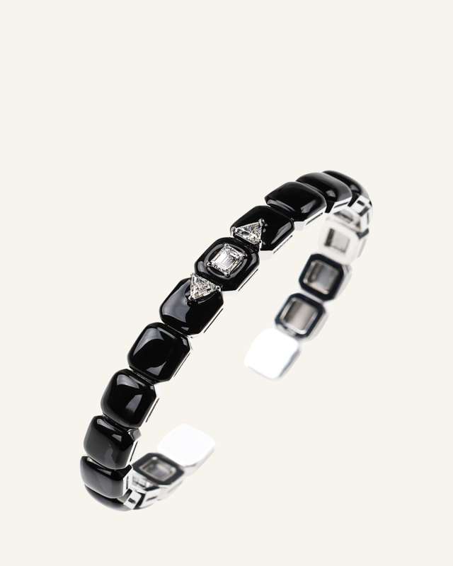 Oui 18k White Gold Black Enamel Trillion and Emerald Diamond Bracelet